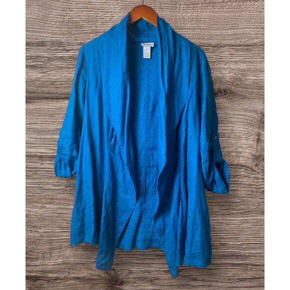 Soft Surroundings Women's Teal Linen Drape Roll-Tab Sleeve Cardigan Size Large - Picture 1 of 6